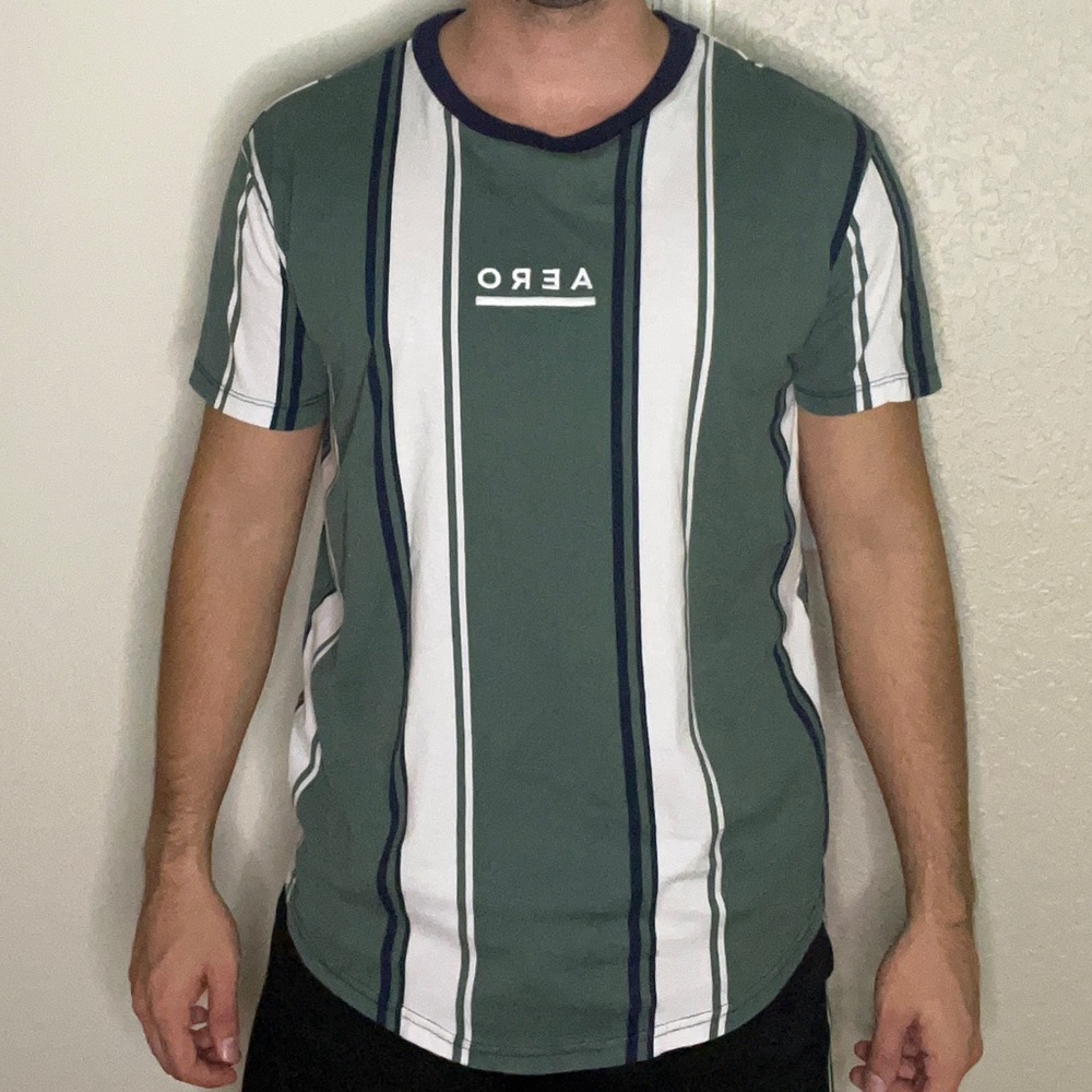 Aéropostale Men’s Medium Shirt - Green Blue White Stripes